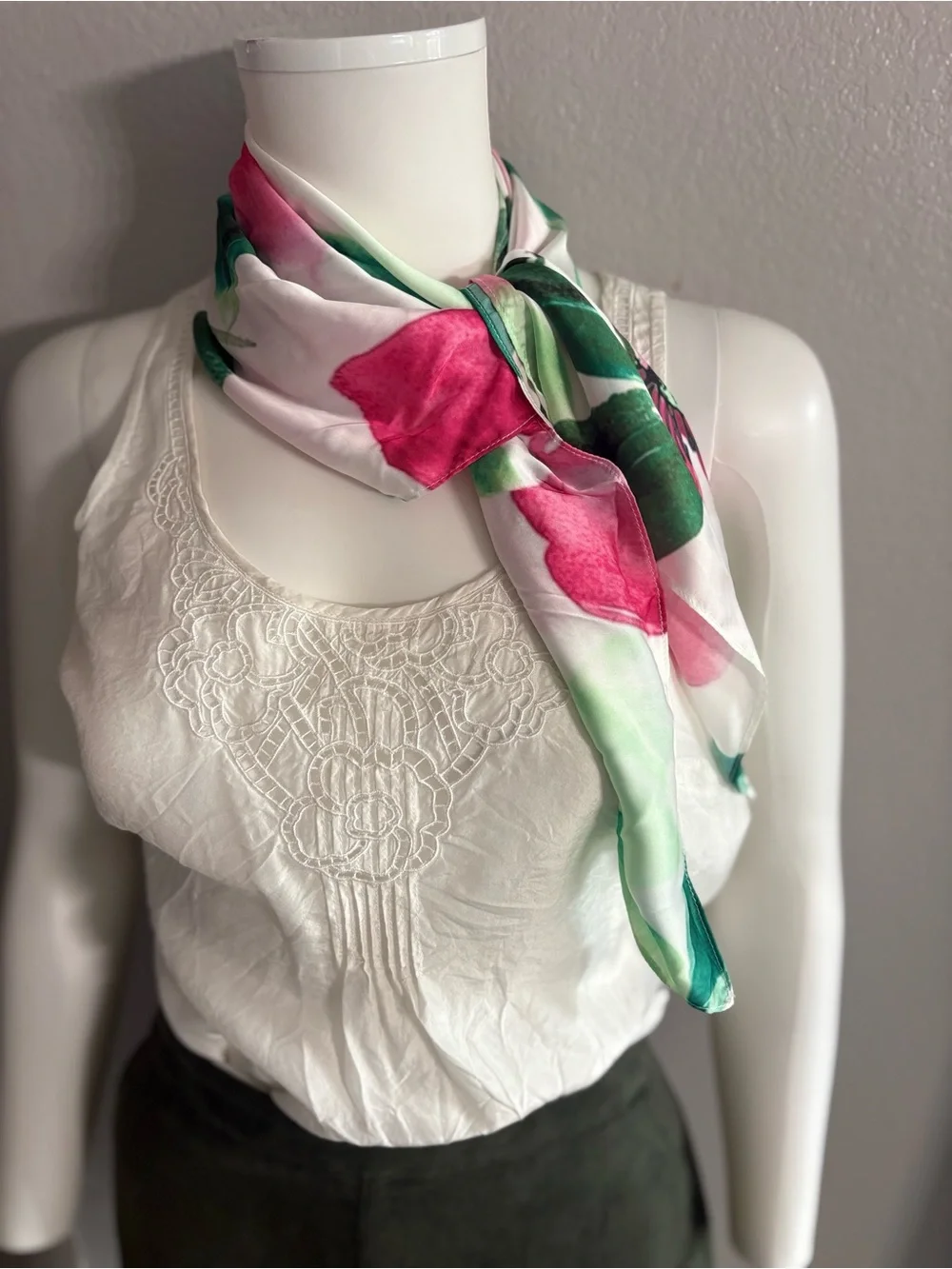 Floral Pink & Green Silk-Feel Neck Scarf - Picture 1 of 4